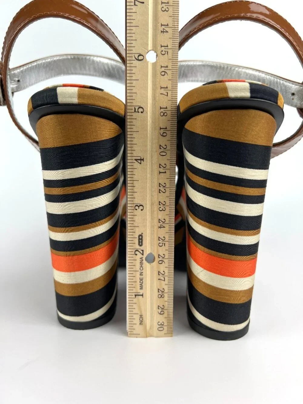 Prada Brown Patent Leather Peep-Toe Platform Heels With Striped Fabric Size 8.5